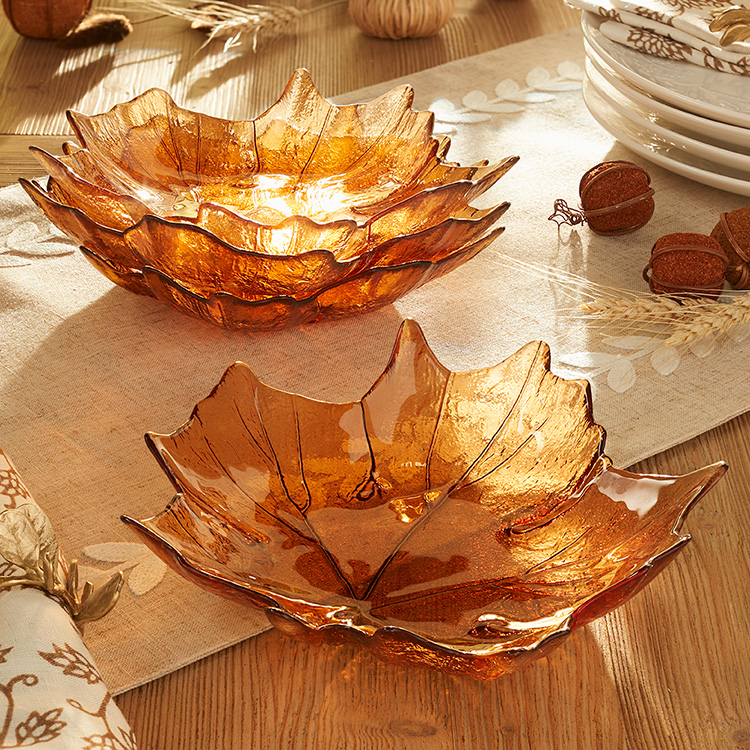amber leaf plate on wood table