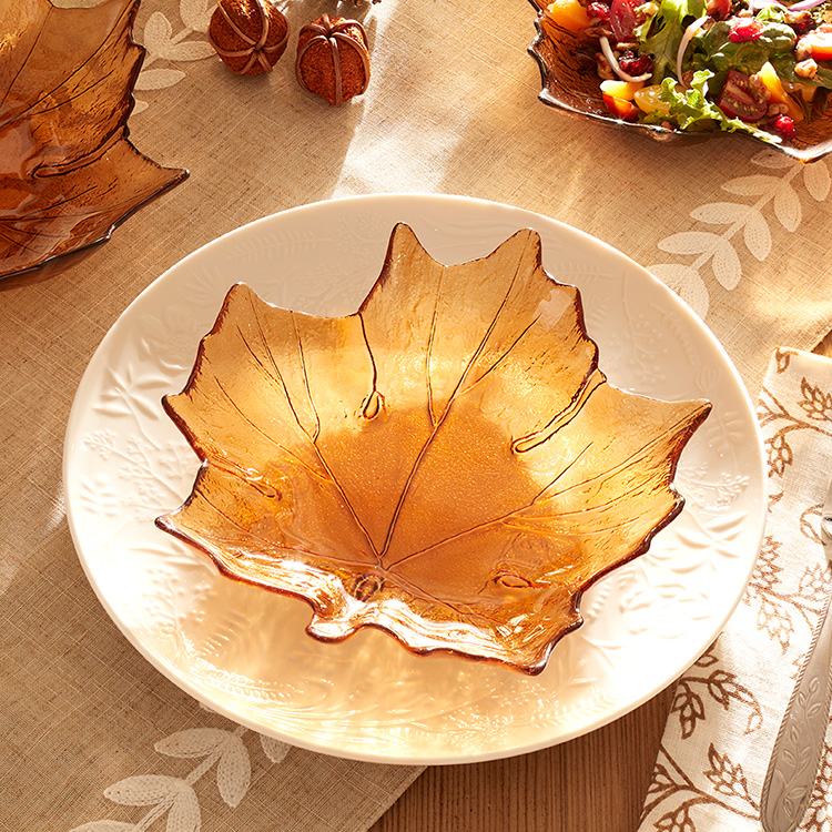amber leaf plate layered on white plate